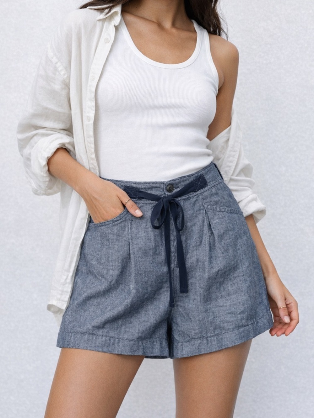 LOFT Blue Chambray Drawstring Skirt Lightweight Pull On Summer Casual Coastal